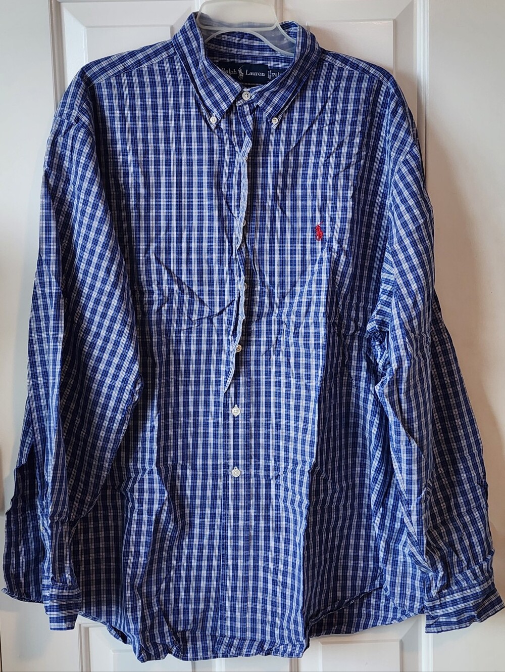 Mens Ralph Lauren Blue & White Check Button-Down Shirt Red Polo Size XL 17 1/2